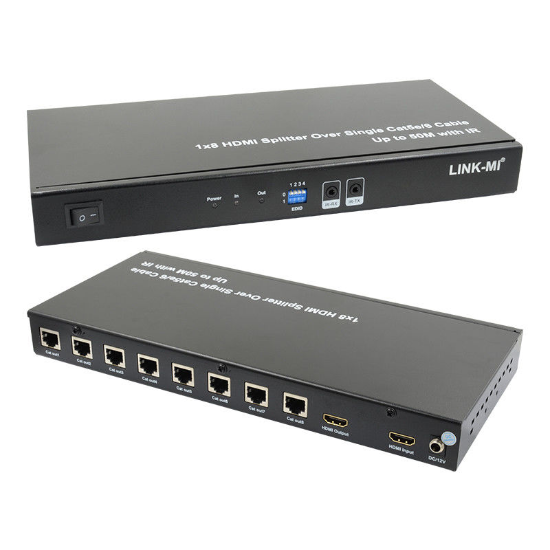 HDMI 50M 1X8 Splitter Over Cat5e 6 การสนับสนุนเคเบิล 3 มิติ IR 1080P 8 Port HDMI Splitter