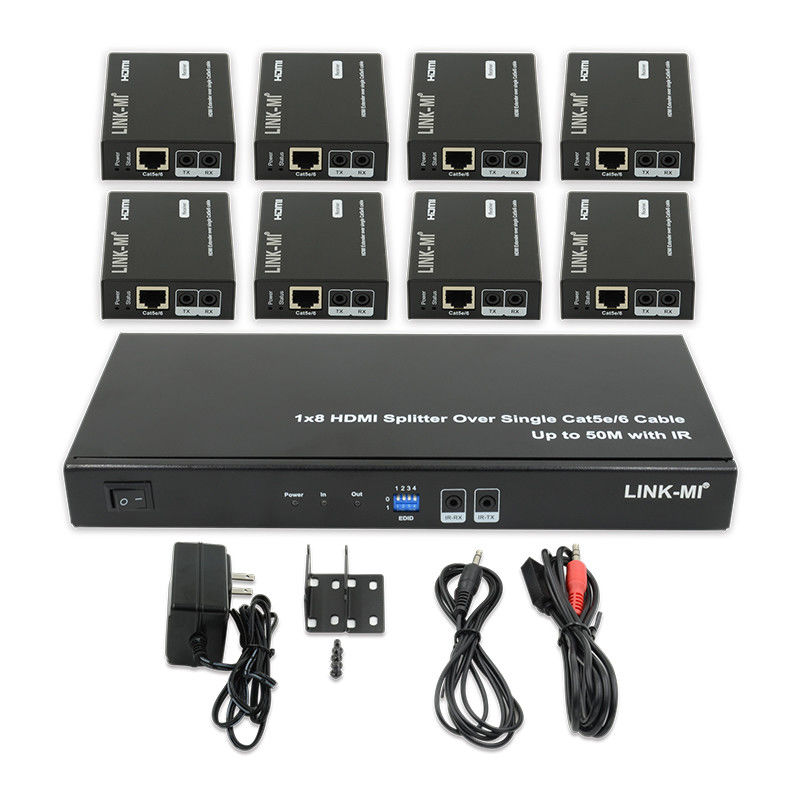 HDMI 50M 1X8 Splitter Over Cat5e 6 การสนับสนุนเคเบิล 3 มิติ IR 1080P 8 Port HDMI Splitter
