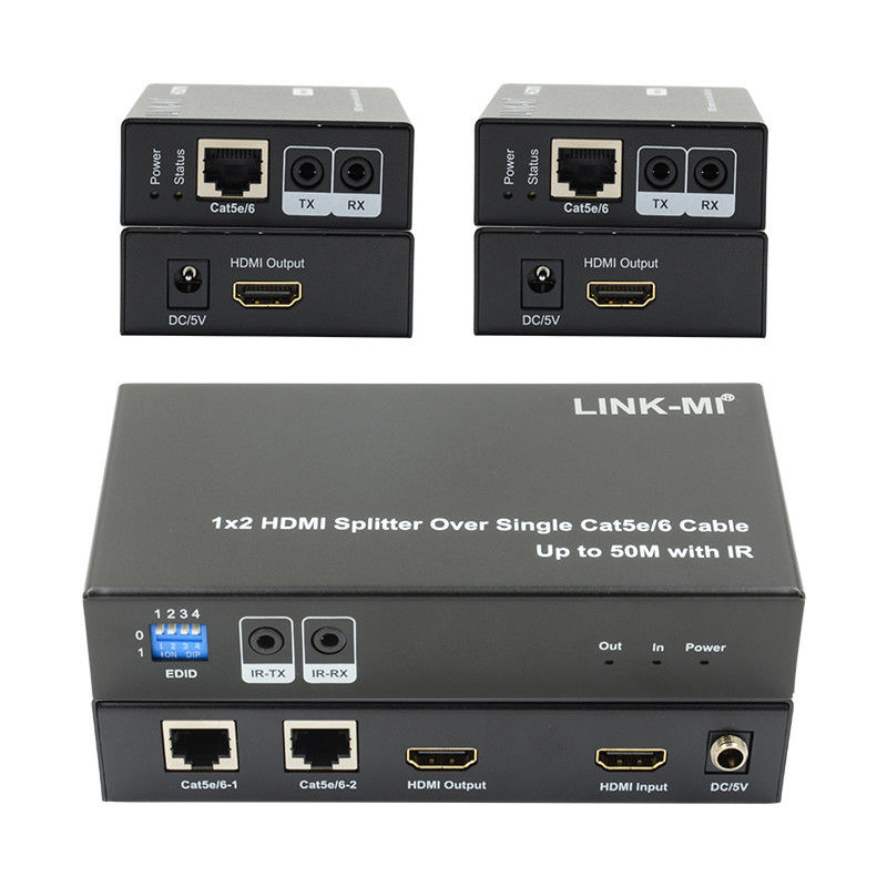 1X2 50M 4K HDMI Splitter Over Cat5e/6 สนับสนุนเคเบิล 3D IR Cascading สําหรับ 4 ชั้น