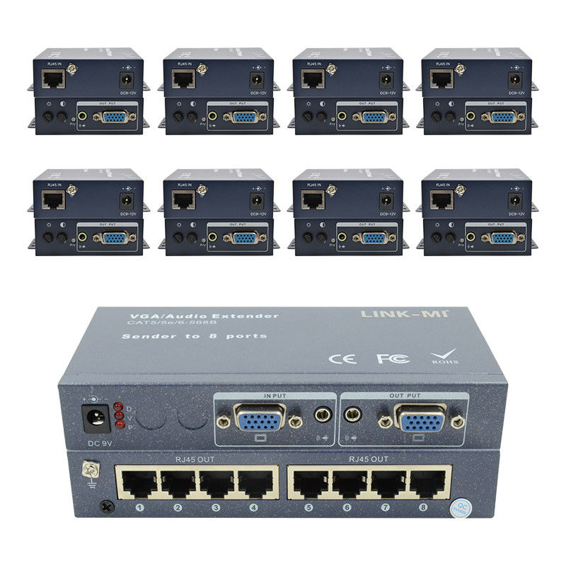 100m 200m 300m 1/8 VGA Splitter 1X8 Extender 1 ถึง 8 เครื่องขยายเสียงวีดีโอ