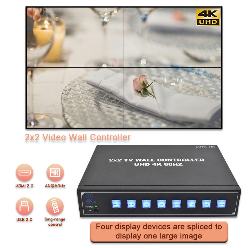 4K HDMI Video Wall Processor 2X2 สนับสนุน USB Auto Display สําหรับ 4 UHD TV 4K 60Hz LED Video Wall